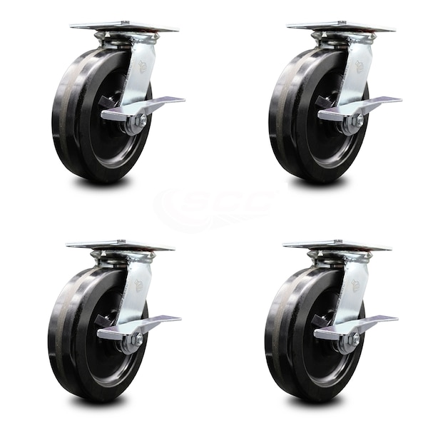 Service Caster 8 Inch Heavy Duty Phenolic Caster Set with Roller Bearings and Brakes SCC SCC-35S820-PHR-SLB-4 - main